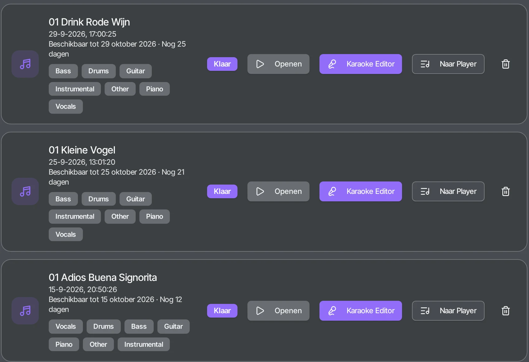 Mijn muziek in OBS met per nummer de gescheiden stems